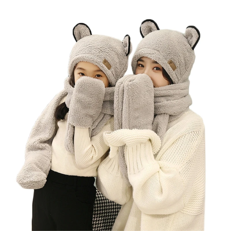 

Parent-Child Family Matching Winter 3 In 1 Scarf Hat Gloves Cute Bear Ears Winter Fluffy Plush Hoodie Earflap Cap Warmer