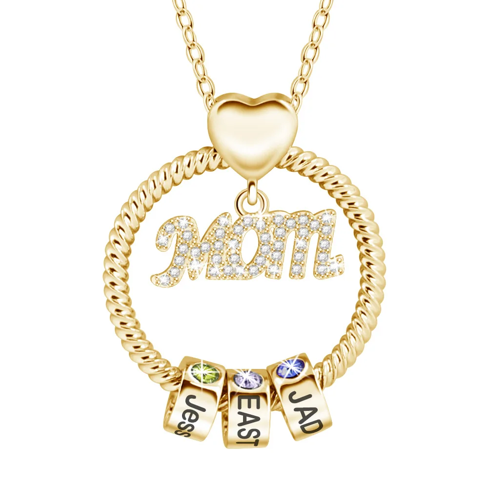 

2021 New 12 Color Birthstone Necklace Women's Mosaic Carved Name Color Diamond Mom Ring Bead Necklace