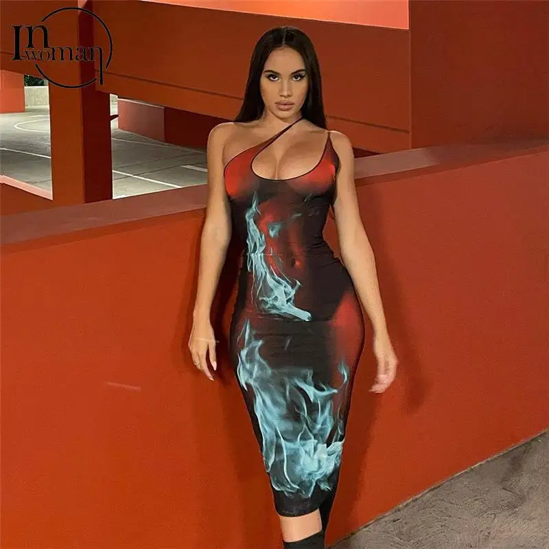 

Inwoman Fall Winter Mesh See Through Graphic Print Red Dresses Women 2021 Backless Sexy Party Midi Dress Ladies Bodycon Dress