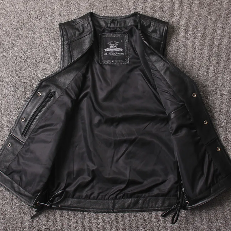 

Black Men 2021 Skull Embroidery Genuine Motorcycle Real Thick Cowhide Slim Fit Leather Biker Vest 4XL FREE SHIPPING