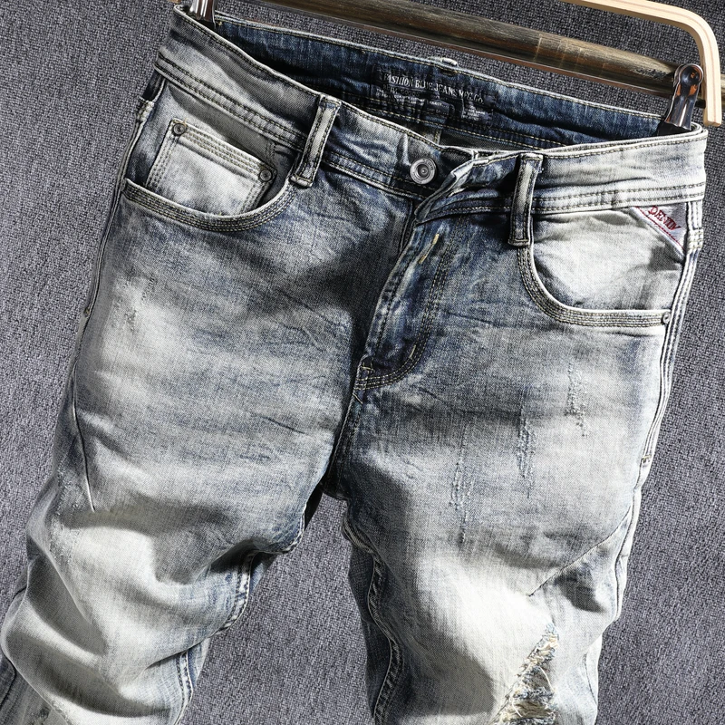 European Street Fashion Men Jeans Retro Distressed Elastic Slim Ripped Jeans Men Vintage Patchwork Designer Casual Denim Pants