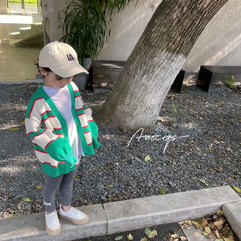 

girls' Autumn 2021 new Korean cardigan children's sweater baby loose striped sweater outerwear coat 6-14