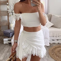sexy 2021 summer white lace hollow out bandage bodycon slash neck mini dress women outfits vestidos elegantes para mujer