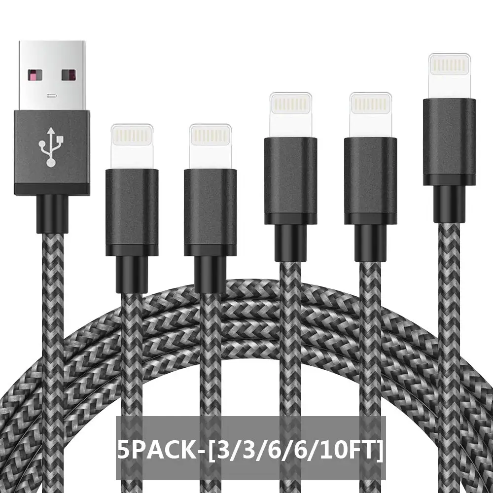 

CredDeal MFi Certified iPhone Charger, Lightning Cable Pack of 5- [3/3/6/6/10FT] Nylon Braided Fast Charging Data Sync USB Cord