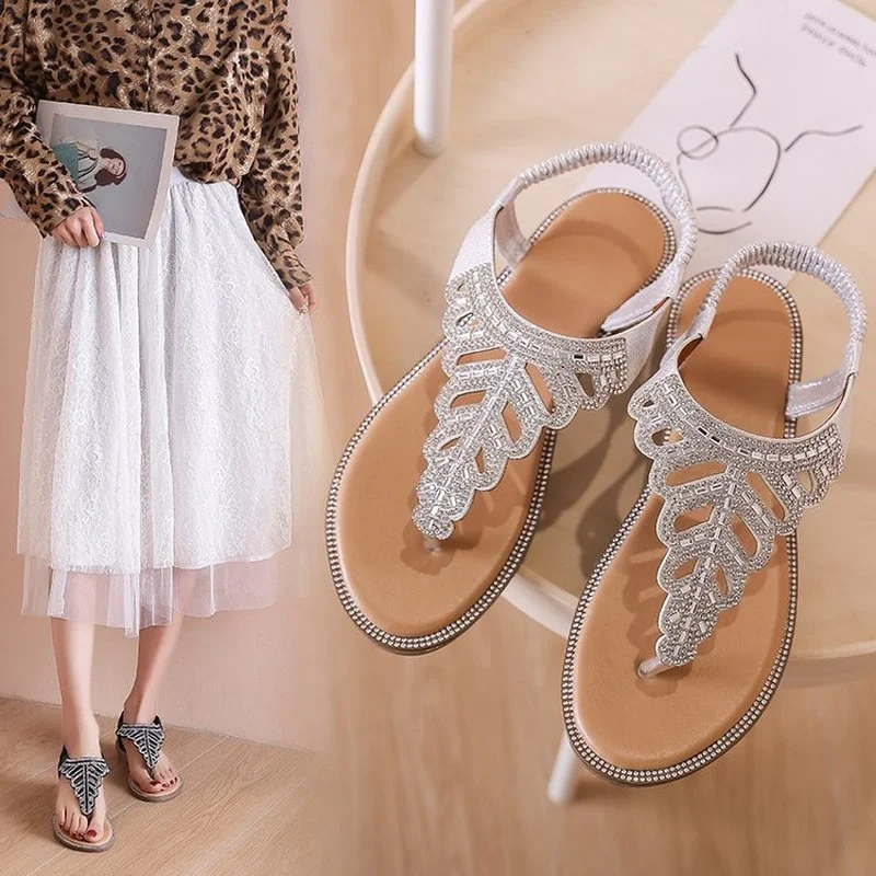 

Сандалии женские с кристаллами, изысканные стильные, с бусинами, шлепанцы, плоская подошва, богемные босоножки, плоская подошва