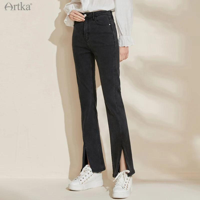 

ARTKA 2021 Winter New Women Jeans Fashion High Waist Fever Thicken Velvet Denim Pants Split Elasticity Flare Jeans KN21013D