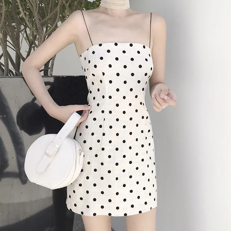 

Fashion Slim Bodycon Dress Women Dot Print Mini Dresses Sexy Spaghetti Strap Summer Dress