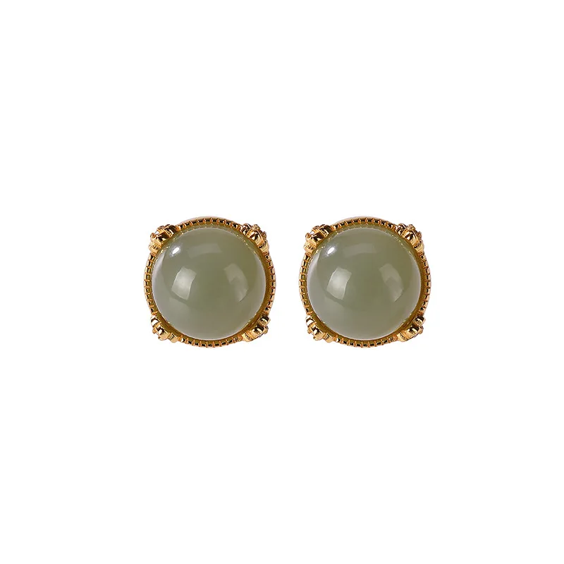 

925 sterling silver gold-plated natural Hetian gray jade stud earrings simple and stylish personality four-claw women's earrings