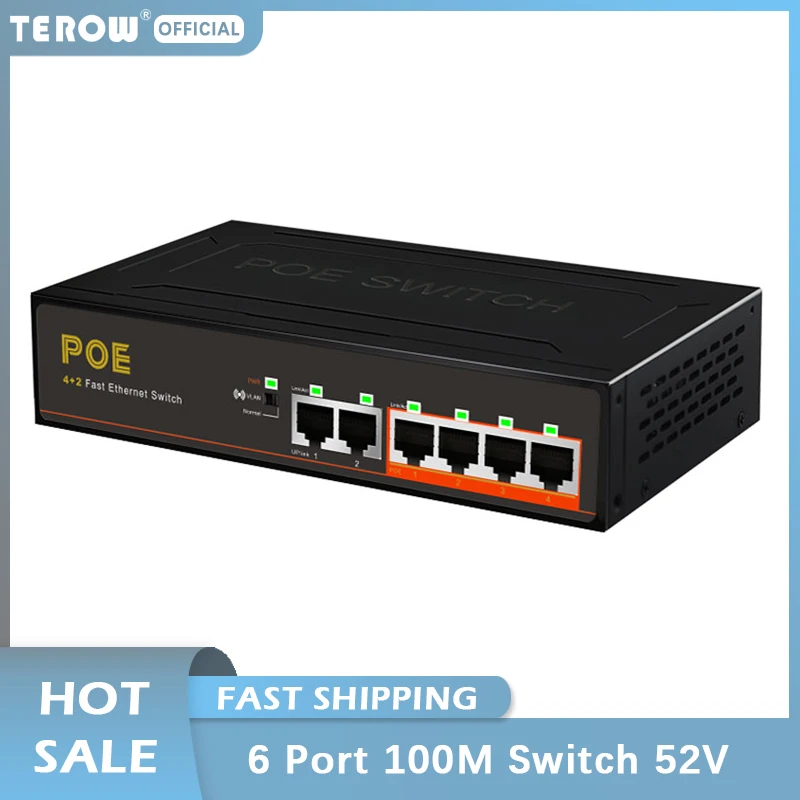 TEROW-conmutador Ethernet rápido de 6 puertos, conmutador POE de 10/100Mbps, 4 + 2, con VLAN, 52V, 48W, fuente de alimentación para cámara/enrutador/grabadora de vídeo