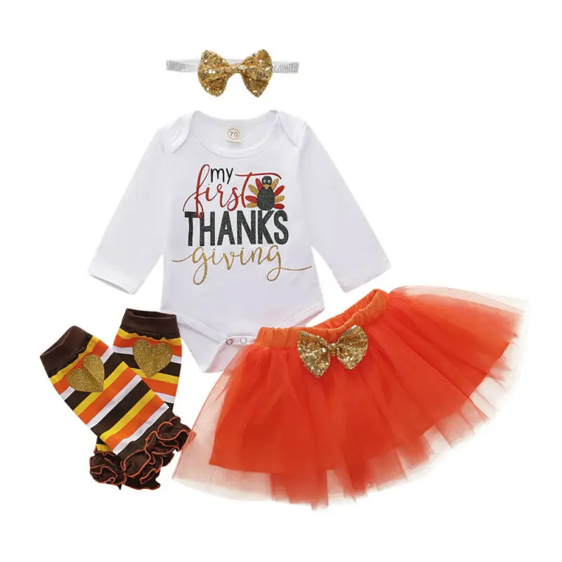 

My First Thanksgiving Baby Girl Romper Long Sleeve Letter Top Voile Skirt Leg Warmers Headband 5Pcs Outfits Clothes Set