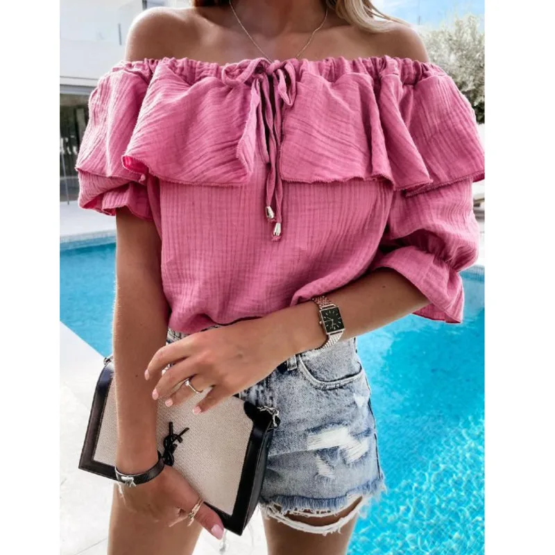 

Elegant Ruffles Sexy Puff Sleeve Slash Neck 2021 Summer Women Fashion Bandage Tops T Shirt Casual Loose Blusas