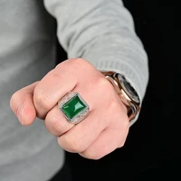 2021 new fashion silver simulation khotan jasper green chalcedony retro style adjustable agate ring for men father gift jewelry