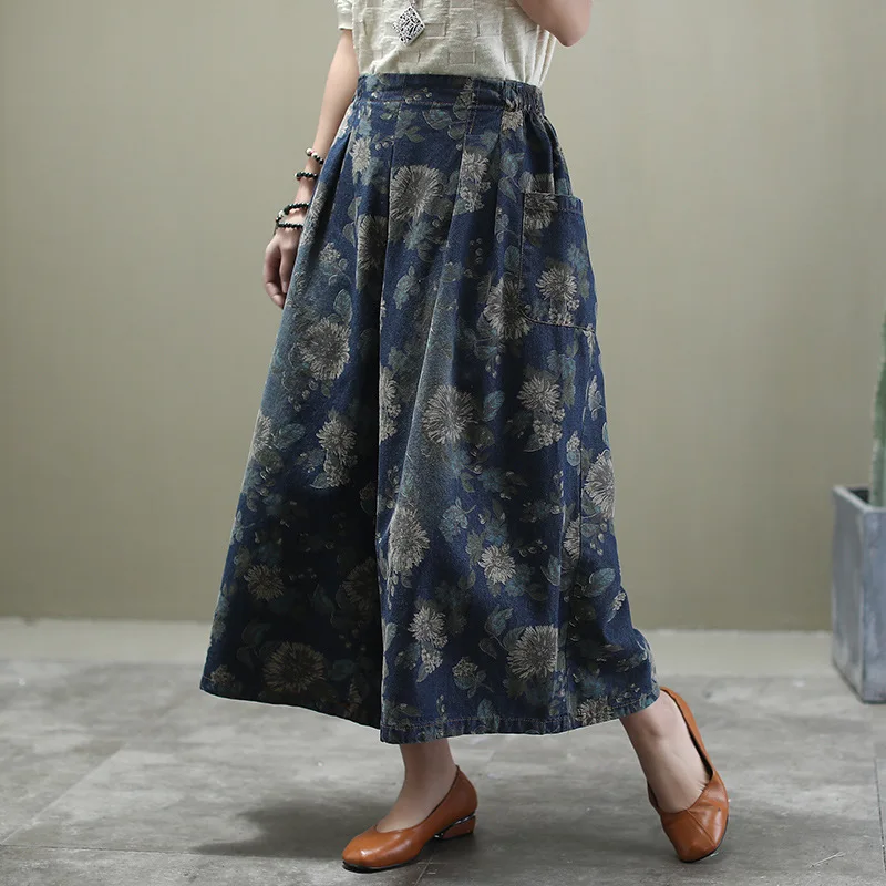 

Retro Style Plus Size Jeans Woman 2020 New Spring Autumn Elastic Waist Floral Print Loose Pocket Denim Wide Leg Pants