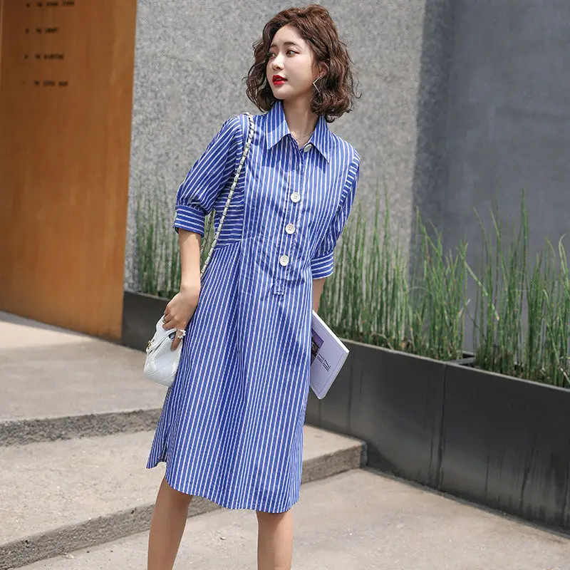 

Retro Striped Shirt Dress Blue Simple Fashion Female 2021 Summer Fall Lapel Knee-length Dress Fashion Midi Shirt Robe Femme Tops