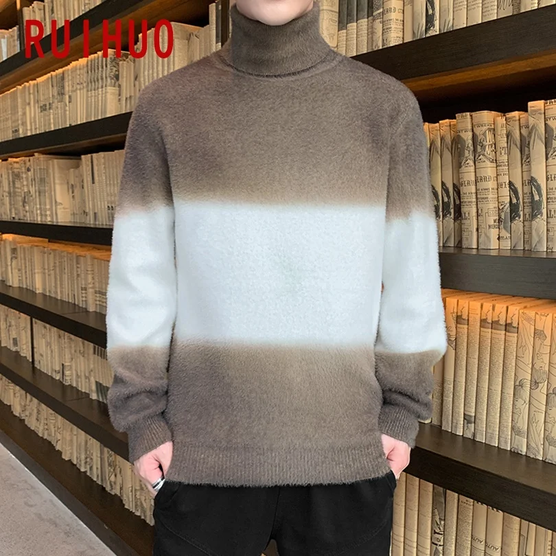 

RUIHUO Print Turtleneck Men Pullover Turtle Neck Mens Clothes Wool Sweater Men Clothes M-5XL 2021 Spring New Arrival