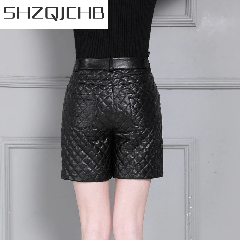 JCHB 2021  New Genuine Leather Shorts for Women Winter High Waist Slim Fit Zipper Wide Leg Short Pants Party Wear Female Streetw