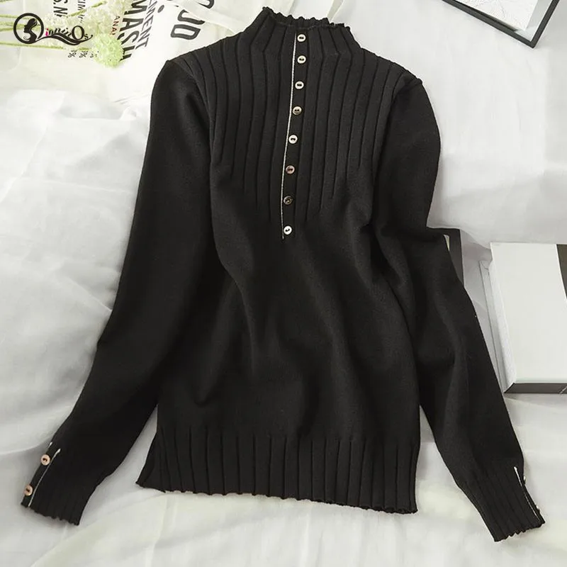 

Solid Color Casual Loose Sweater Sweater Women Pullovers Simple Turtleneck Warm Long Sleeve Cute Knit Tops Button