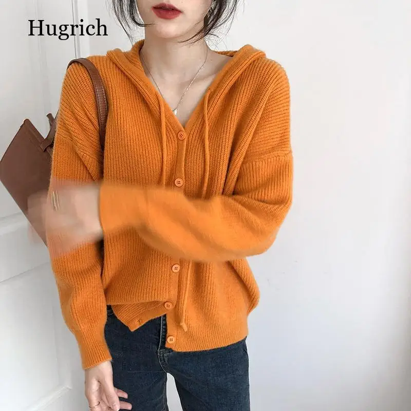 Свитер модный кардиган в Корейском стиле Женский однотонный вязаный свитер с