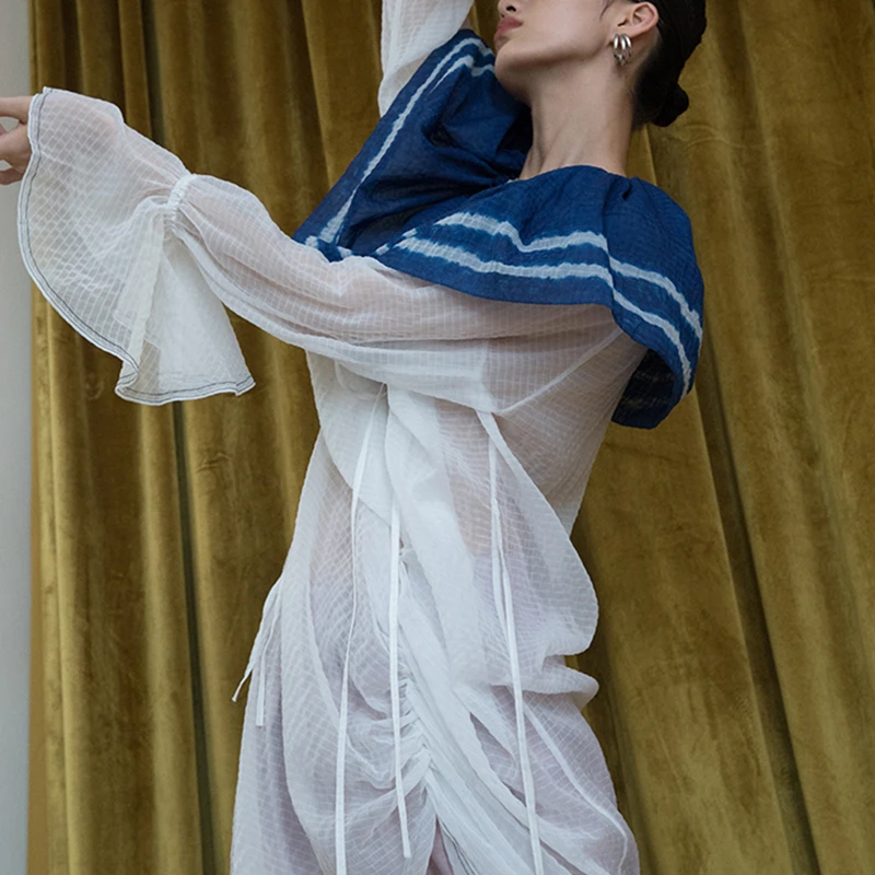 

GALCAUR White Shirt For Women Sailor Collar Flare Long Sleeve Split Ruched Loose Vintage Blouses Female 2020 Fashion New Clothes