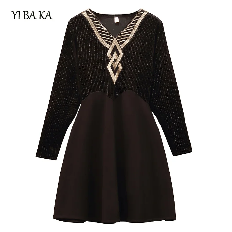 

vintage embroidery women dress autumn winter patchwork long sleeve V neck knee length dress elegant casual female vestidos