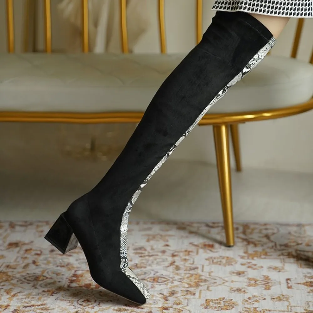 

OLOMLB Womens Over The Knee Thigh Boots Stretchy Snake Pattern Block Square High Heel Shoes Match Colors Plus Size New 2020