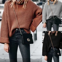 fall 2021 new plaid twisted flower long sleeved knitted pullover blouse casual loose solid color turtleneck sweater women