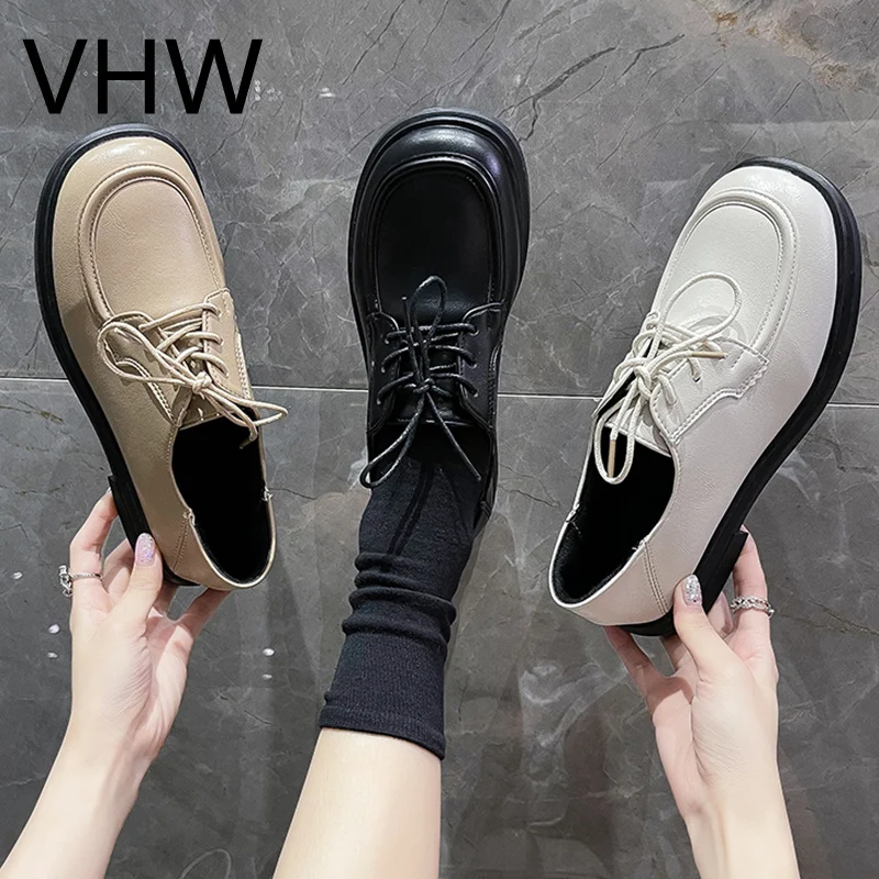 

Women Leather Shoes 2021 Summer Round Toe British Style Oxfords Fashion Platform Flats Vintage Black Classic Female Lace up Shoe