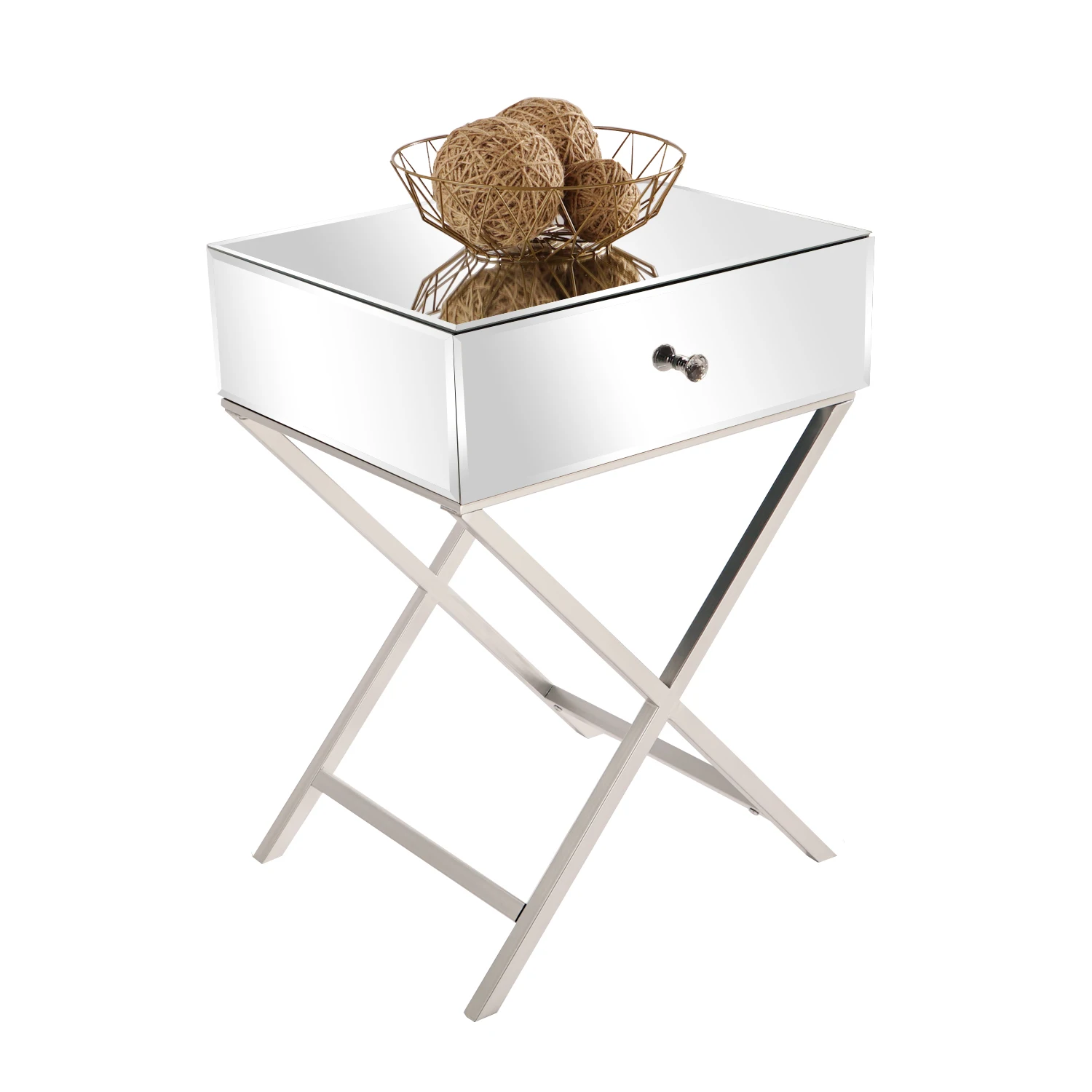 

Mirror Surface Nightstand Bedside Table Cabinet 1 Drawer Golden Metal X-Shaped Foot 48x40x66.8CM Silver/Rose Desktop[US-Stock]