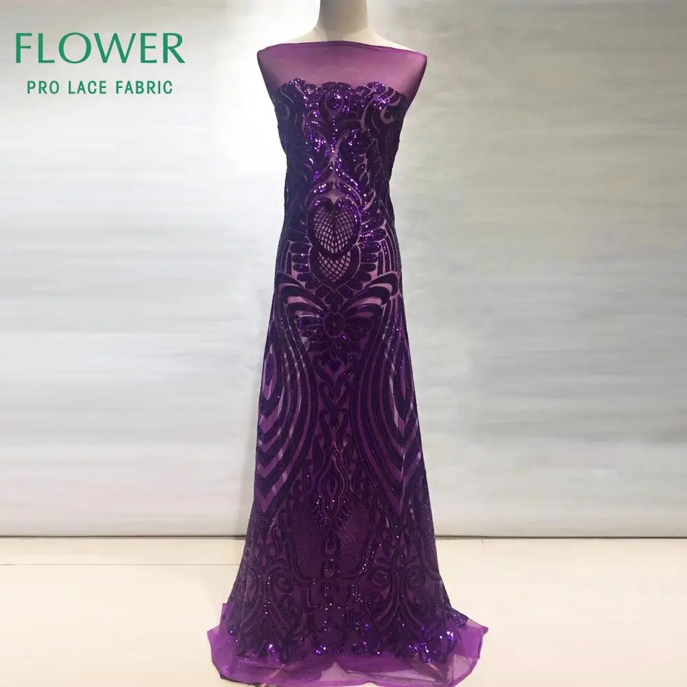 Уникальный с фиолетовыми блестками вышитая сетчатая Тюлевая африканская