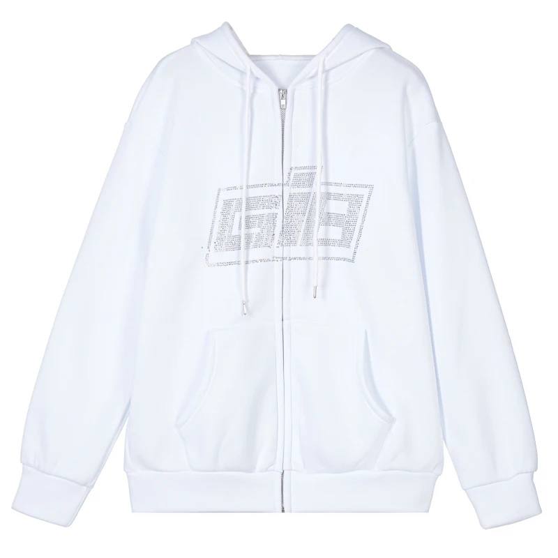 CDJLFH Shiny Rhinestone Letter Hooded Sweatshirts Women Fall Winter Zipper Baggy Oversized Hoodies Long Sleeve Sports Streetwear