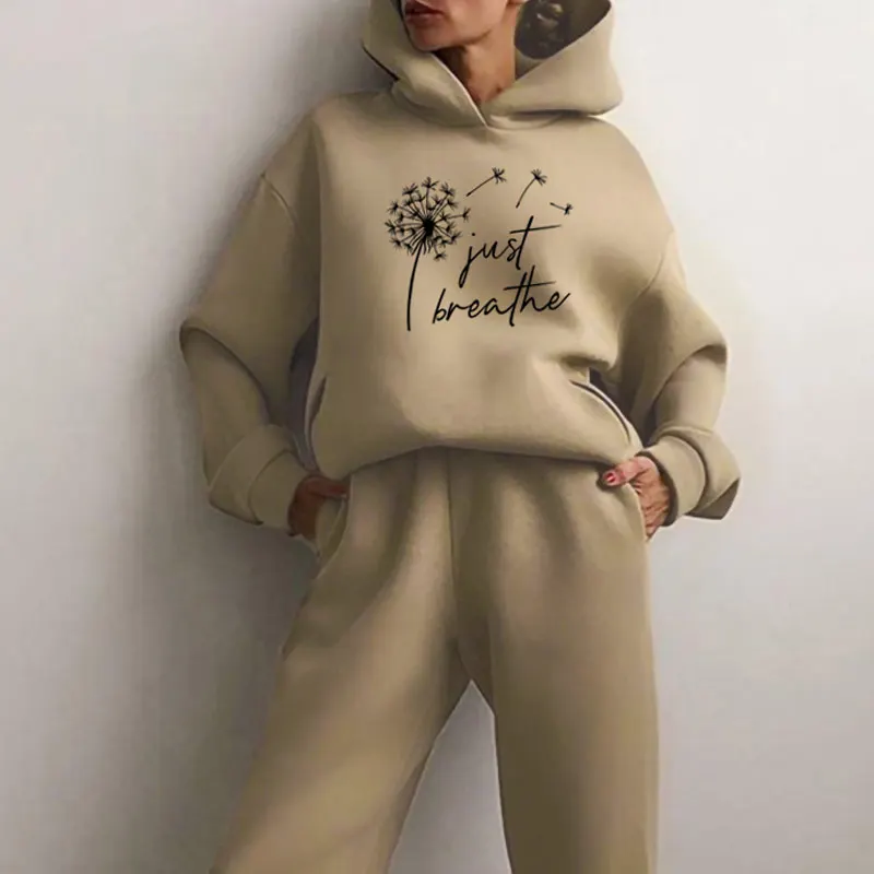 

Ladies Suit Hoodies Two Piece Set DIY Women Just Breathe Letter Oversize Sweatsuits Pullover Elastic Sports Pants Custom 2021