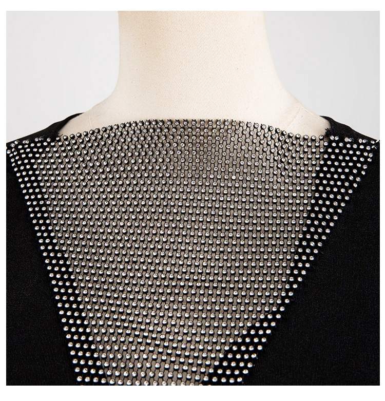 Высокая мода Горячая бурение глубокий v-образный вырез Bling с длинными рукавами Топ Женская Сексуальная рубашка Черная майка женские футболки