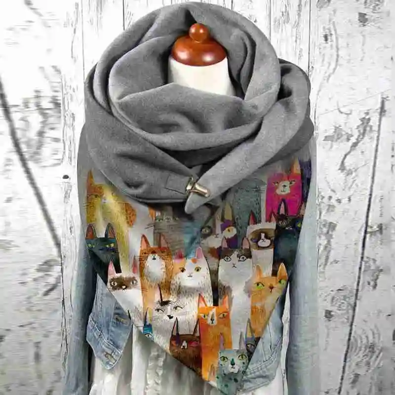 

2021 Fashion All-match Casual Christmas Printing Thickening Gifts Cat Around For Ladies Shawl Button Scarf Christmas Warm J0G3