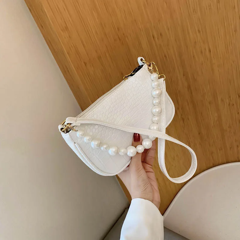 

Soft PU Leather Women Underarm Bag Retro Solid Color Simulated Pearls Ladies Baguette Handbags Fashion Design Shoulder Bags