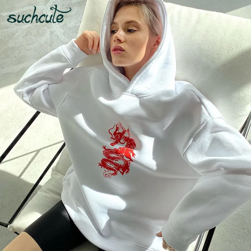 

SUCHCUTE толстовки для женщин большого размера с принтом в виде дракона толстовка с капюшоном, комплект из топа с капюшоном в консервативном ст...