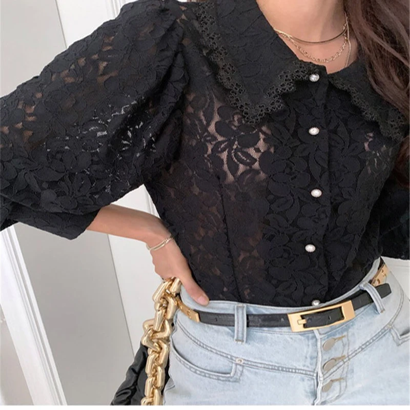 

2021 spring temperament lace single-breasted shirt