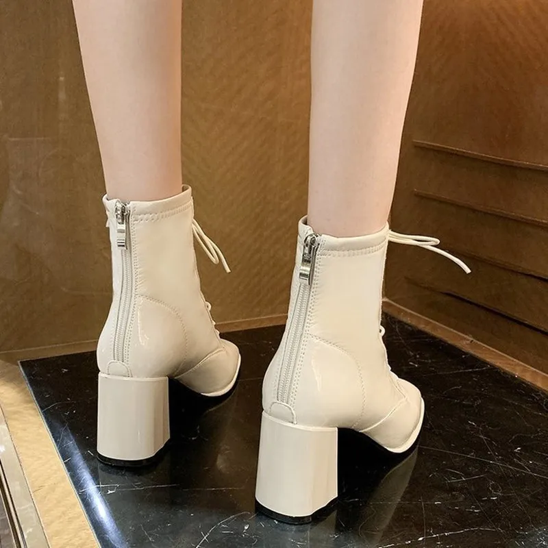 Patent Leather Square Toe Ankle Boots for Women Fashion High Heels Leather Boots Beige Black Boots Femme New Chunky Heels