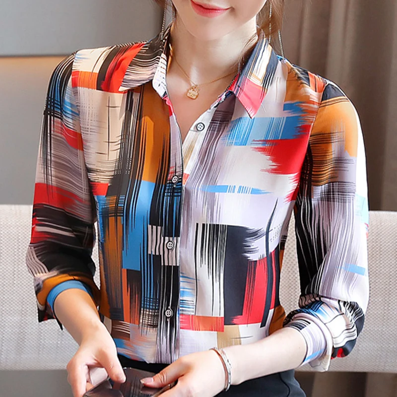 

Long Sleeve Women Blouses Shirts Turn Down Collar Print Chiffon Blouse Shirt Blusas Mujer De Moda 2021 Blouse Women Blusa