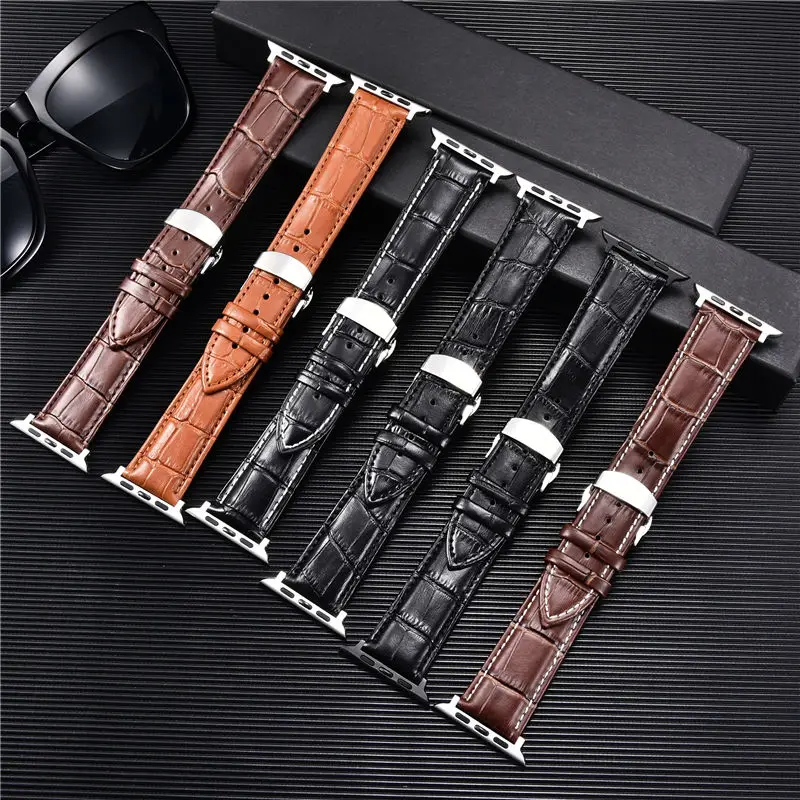 

Embossed Genuine Leather Watchbands for Apple Watch 6 SE 5 4 3 Butterfly Buckle Casual Straps 38mm 40mm 42mm 44mm for iwatch
