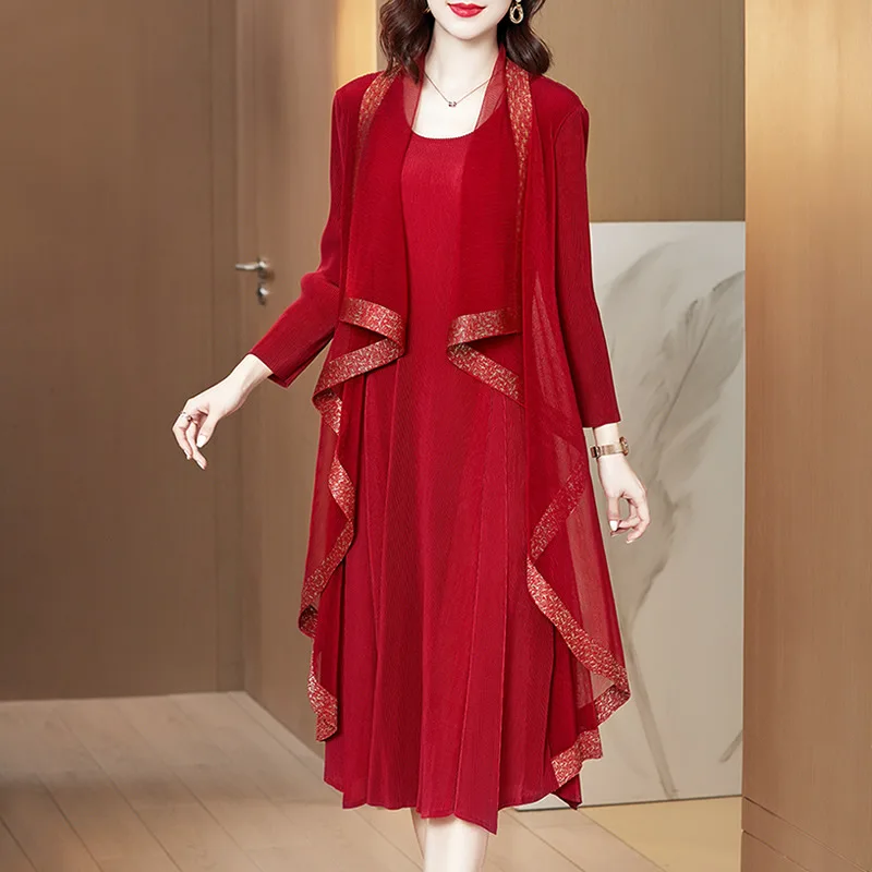

K210301 sanzhai Pleated Dress 2021 spring and summer new foreign style large medium length fake two piece dress