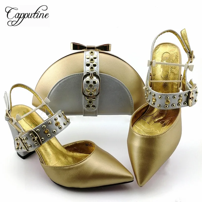 

Beautiful gold pointed toe spring/autumn pump shoes and handbag sets for elegant lady mm1092, heel height 9cm