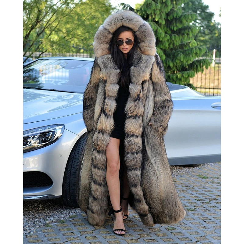 FURSARCAR Luxurious Winter Fur Coat Women Real Natrual Raccon Dog Fur Jacket With Hood 130cm X-Long Plus Size 2021 New
