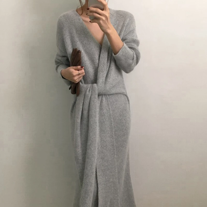 Elegant Women Jumper Autumn Casual Solid Color Loose Tunic Knitwear Belted Cashmere Sweater Sexy V Kneck Knitted Long Section |