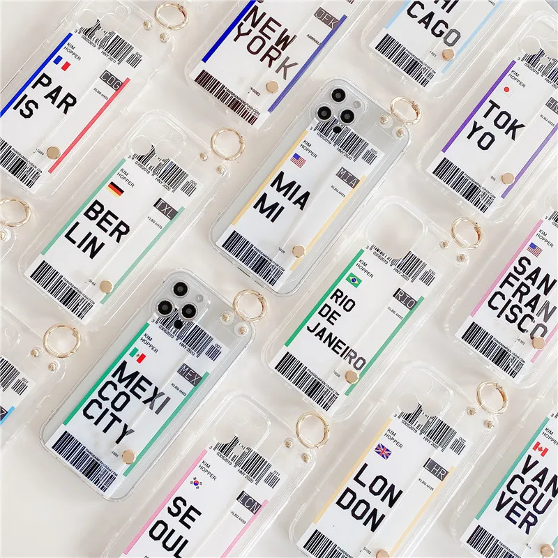 

INS cute world travel Air tickets barcode label case for iphone 12 11 Pro X XS XR Max 7 8 plus holder wrist bracket soft cover