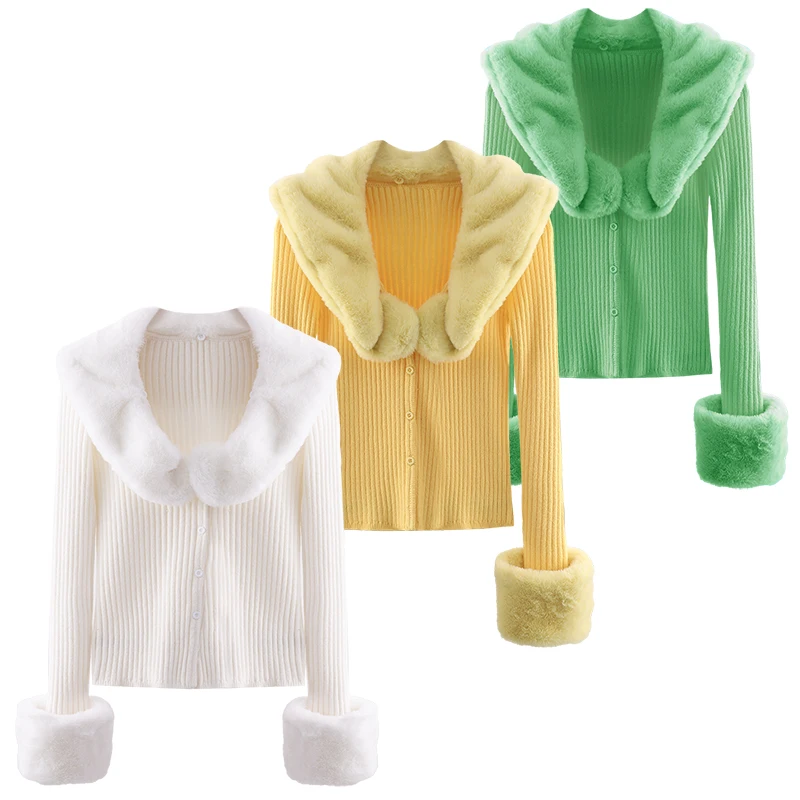 Women Vintage Casual Sweater Fur Patchwork Sweater Women Green White Yellow Knit Cardigans Sweater Women 2020 Fashion Clothes
