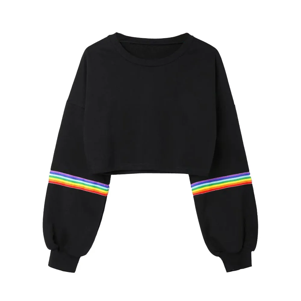 Womens Long Sleeve Striped Crop Short Sweatshirt Jumper Black Pullover Top Polerones Female Cloak Women's L30812 | Женская одежда