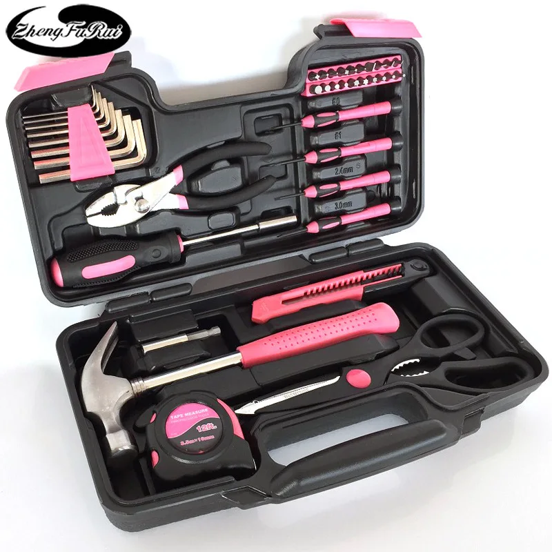 

39-Piece Set Pink for Women Tool Set 45# Carbon Steel Household Tools PE Blow Molding Boxed Color Multi-Specification Toolbox