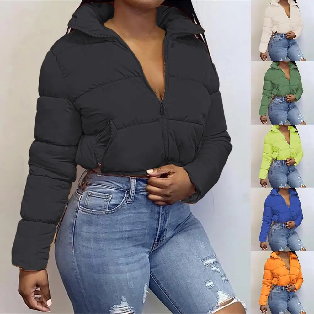 

Women Winter Long Sleeve Zipper Puffer Jacket Stand Collar Warm Parka Fashion Short Outwear Thick Down Bubble Coats