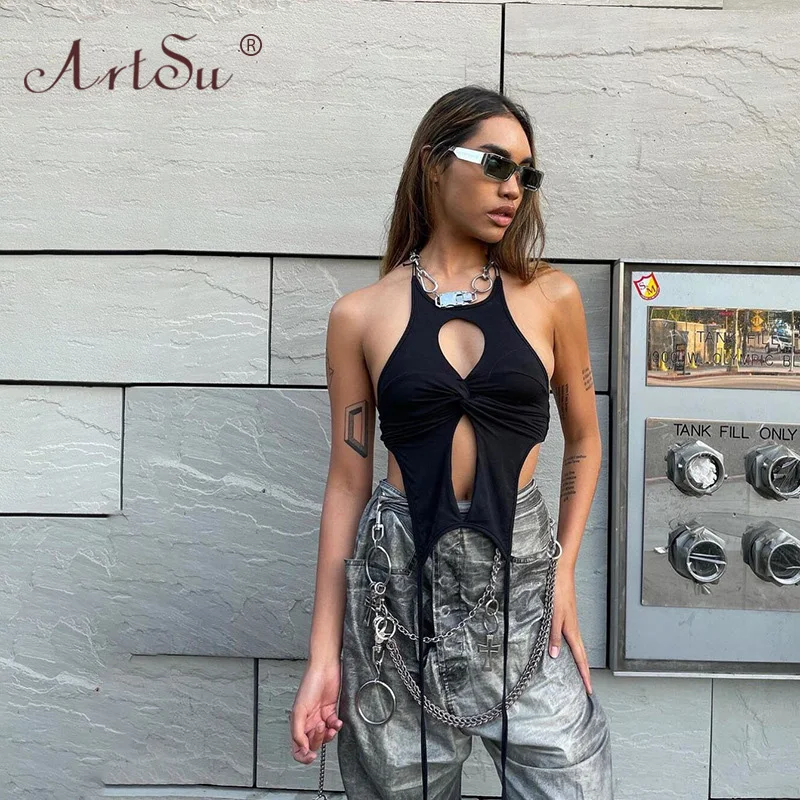 

Женский Готический укороченный топ ArtSu Y2K, Асимметричный топ с лямкой на шее и открытой спиной, летняя модная уличная одежда черного цвета