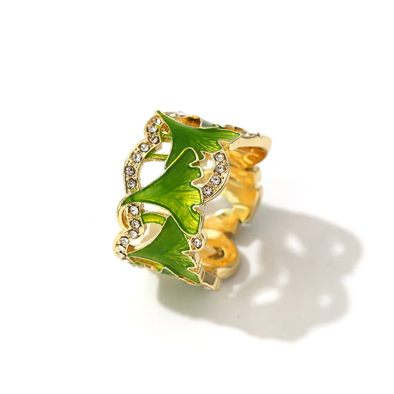 NPKDS двухцветные эмалевые кольца в форме листьев гинкго для женщин металлические
